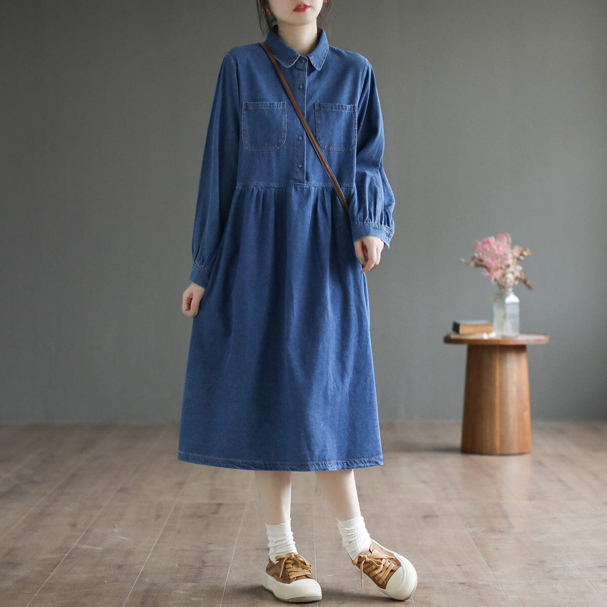 Spring Loose Solid Casual Cotton Denim Dress Feb 2023 New Arrival One Size Blue 