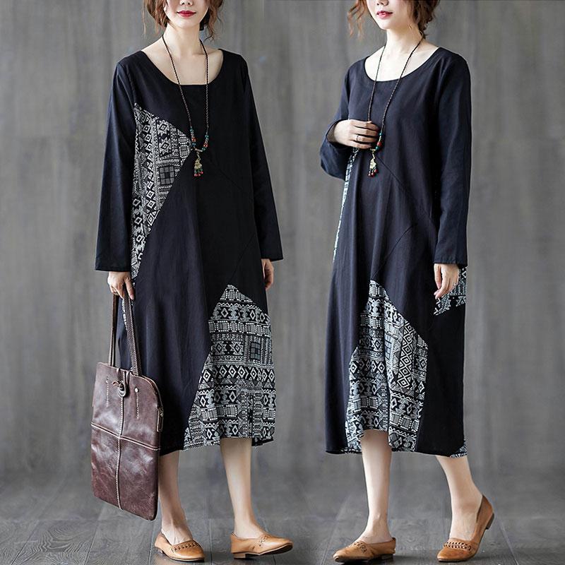 Spring Patchwork Printed Round Neck Long Sleeve Loose Dress