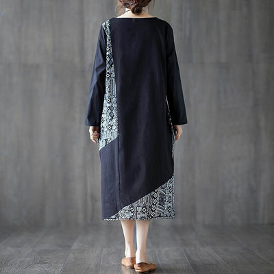 Spring Patchwork Printed Round Neck Long Sleeve Loose Dress