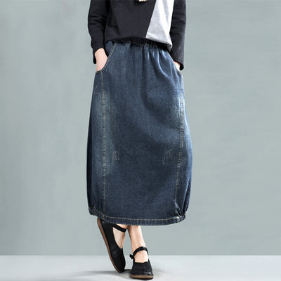 Spring Retro A-Line Cotton Denim Skirt Jan 2022 New Arrival L Dark Blue 