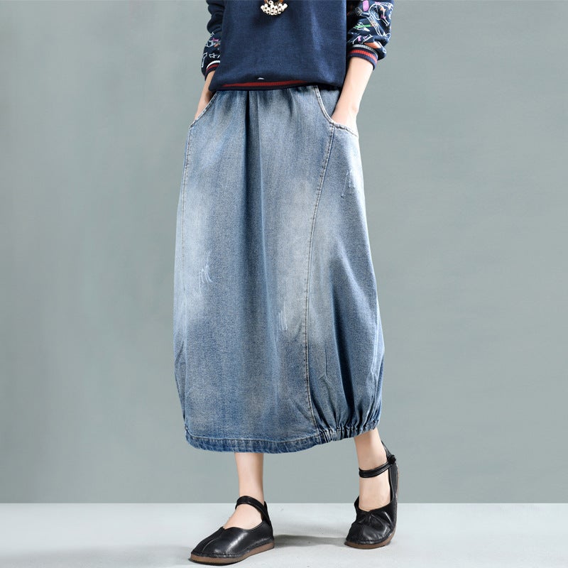 Spring Retro A-Line Cotton Denim Skirt