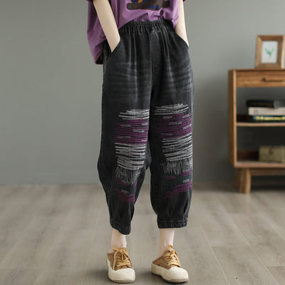 Spring Retro Casual Cotton Embroidery Jeans Mar 2023 New Arrival L Black 