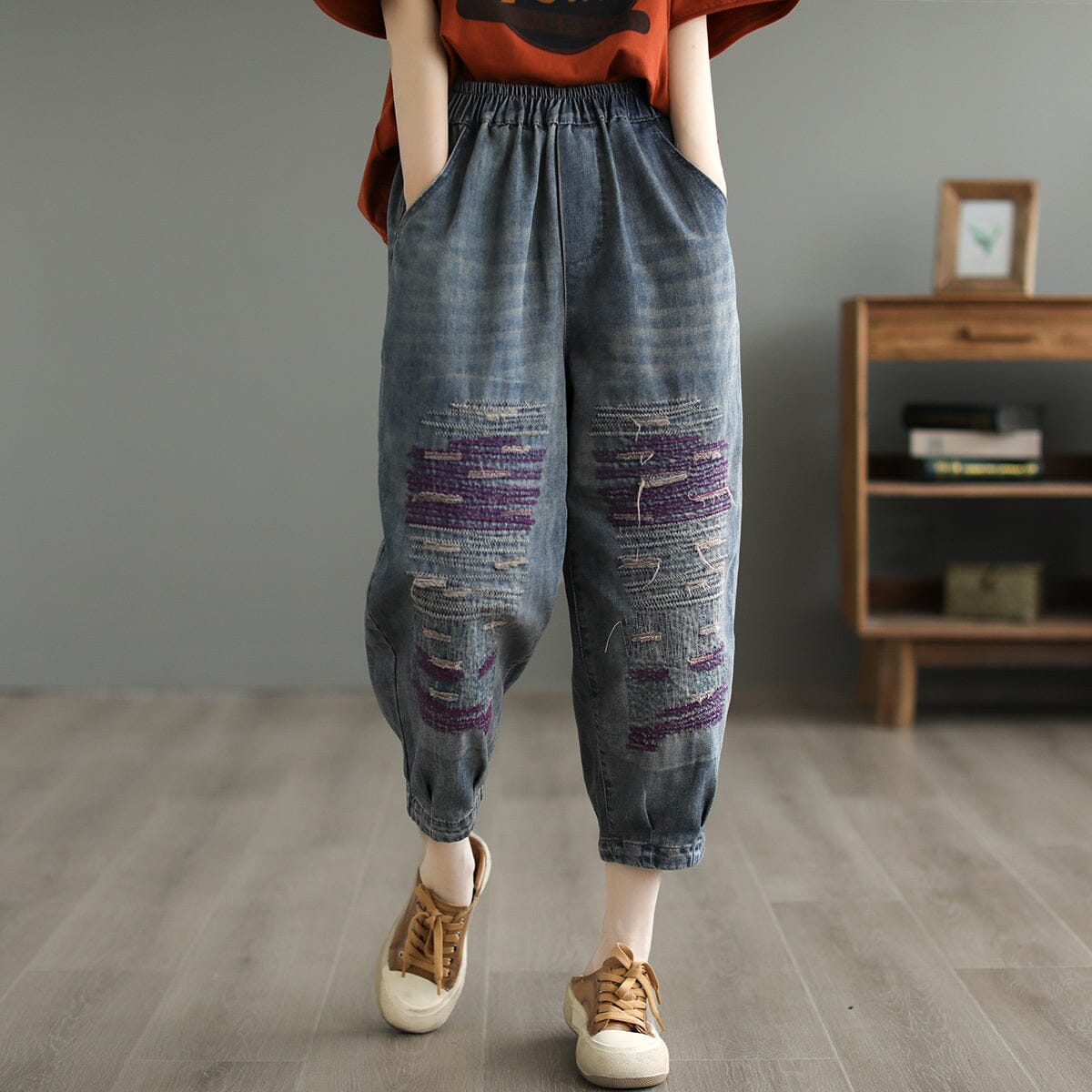 Spring Retro Casual Cotton Embroidery Jeans Mar 2023 New Arrival L Blue 