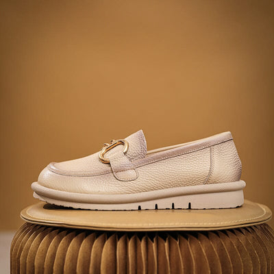 Spring Retro Chain Soft Leather Flat Loafers Feb 2023 New Arrival Beige 35 