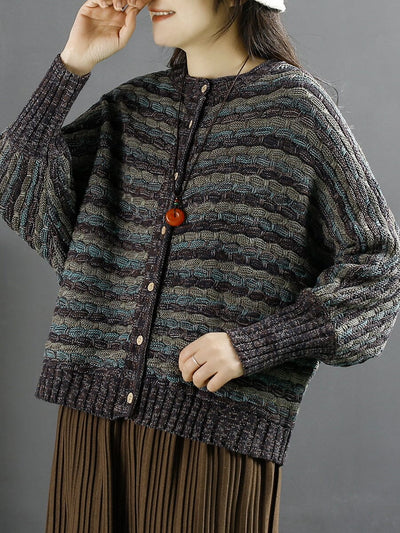 Spring Retro Cotton Knirred Stripe Casual Cardigan Jan 2023 New Arrival 