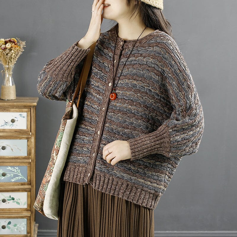 Spring Retro Cotton Knirred Stripe Casual Cardigan Jan 2023 New Arrival One Size Coffee 