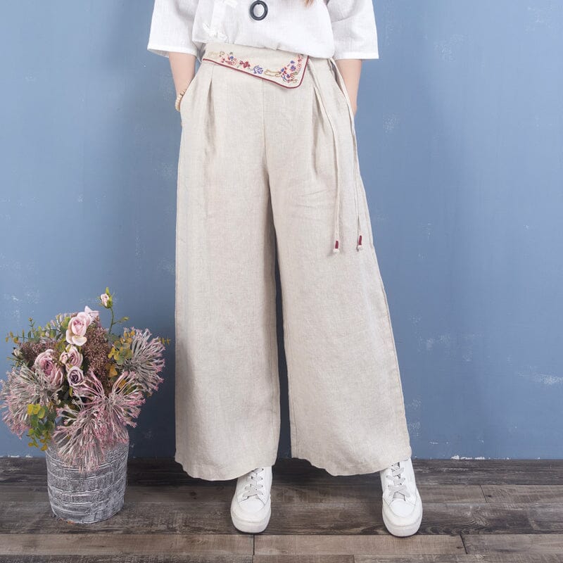 Spring Retro Embroidery Linen Loose Pants Dec 2022 New Arrival One Size Beige 