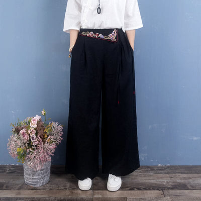 Spring Retro Embroidery Linen Loose Pants Dec 2022 New Arrival One Size Black 
