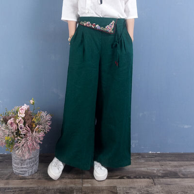 Spring Retro Embroidery Linen Loose Pants Dec 2022 New Arrival One Size Green 