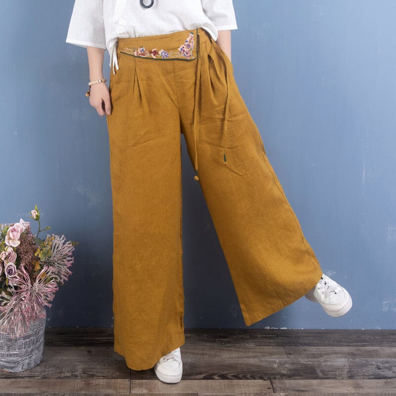 Spring Retro Embroidery Linen Loose Pants Dec 2022 New Arrival One Size Yellow 