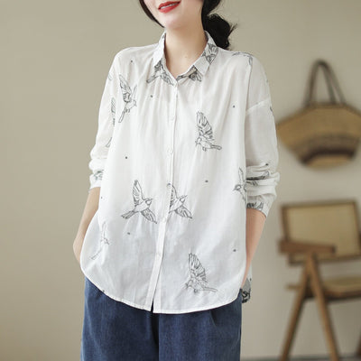 Spring Retro Embroidery Loose Cotton Blouse