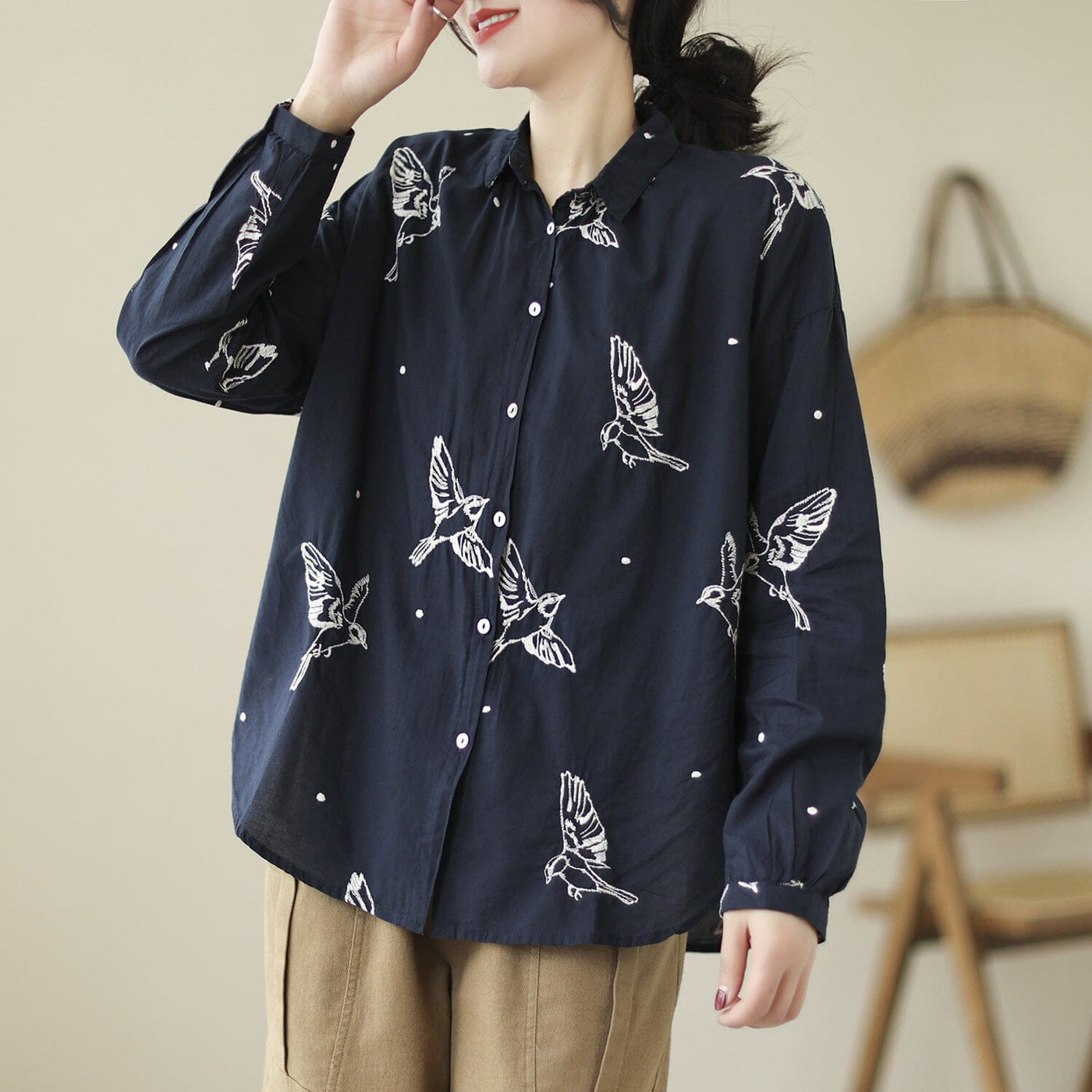 Spring Retro Embroidery Loose Cotton Blouse