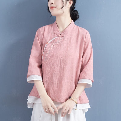 Spring Retro Embroidery Loose Cotton Linen Blouse Feb 2023 New Arrival 
