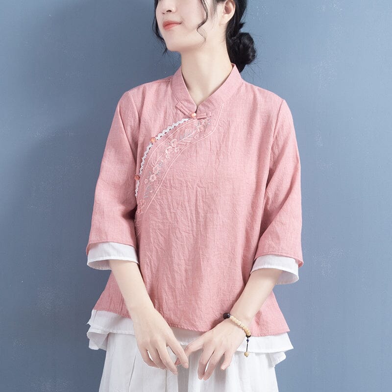 Spring Retro Embroidery Loose Cotton Linen Blouse Feb 2023 New Arrival One Size Pink 
