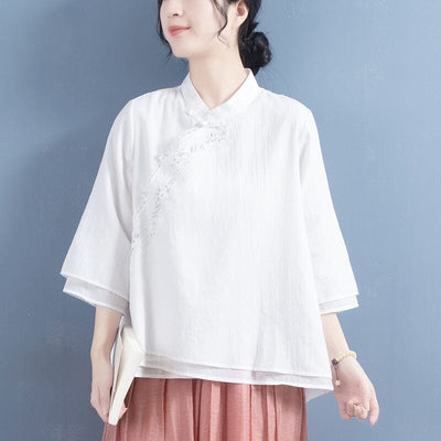 Spring Retro Embroidery Loose Cotton Linen Blouse Feb 2023 New Arrival One Size White 