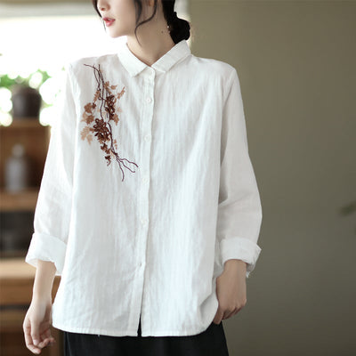 Spring Retro Floral Embroidery Long Sleeve Blouse Dec 2021 New Arrival One Size White 