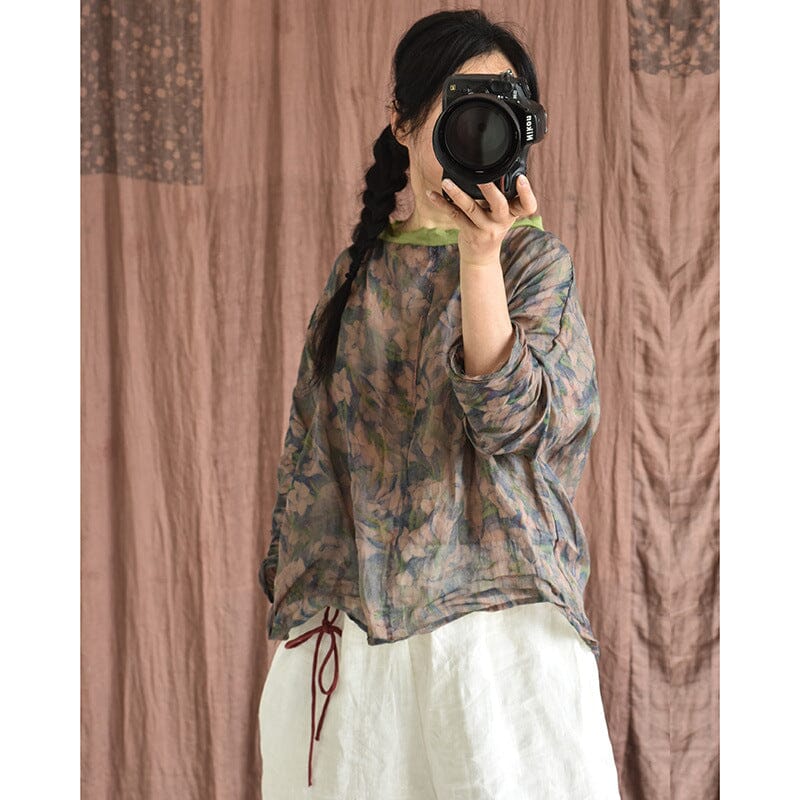 Spring Retro Floral Linen Loose Casual Blouse