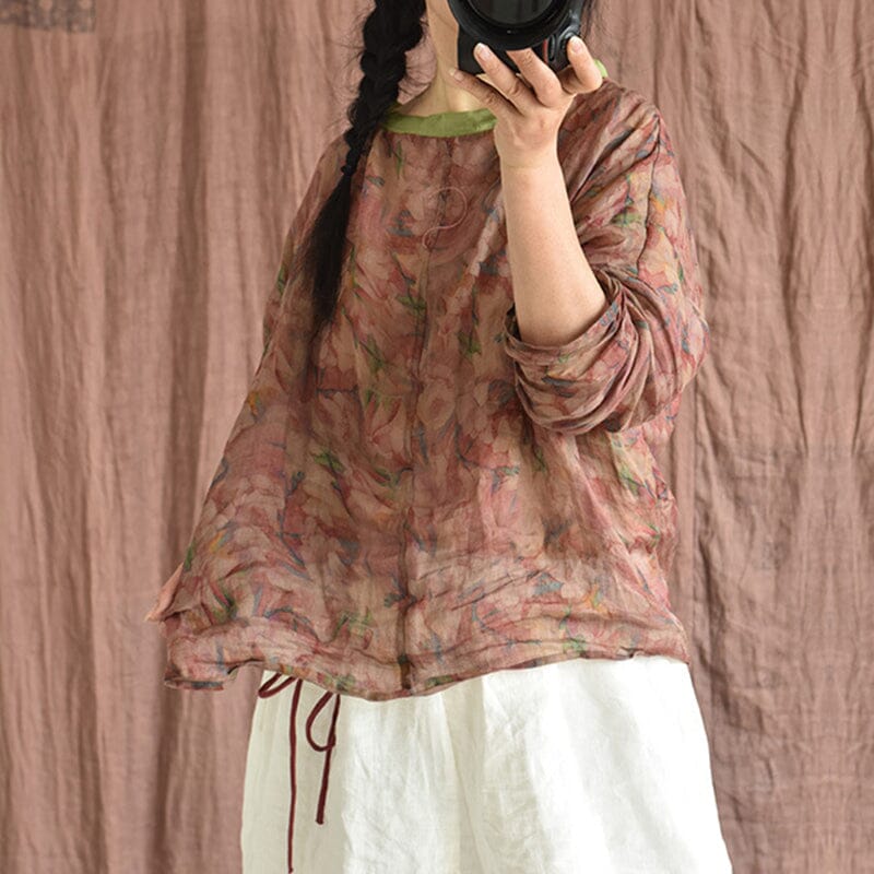 Spring Retro Floral Linen Loose Casual Blouse