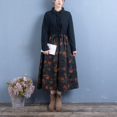 Spring Retro Floral Patchwork Cotton Linen Dress Dec 2022 New Arrival One Size Black 