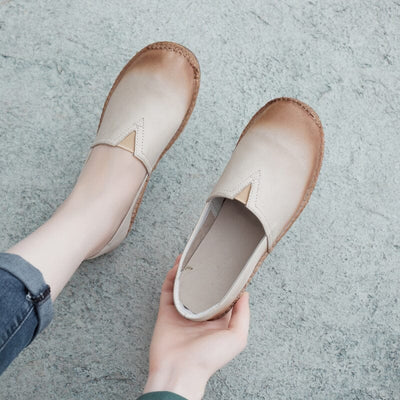 Spring Retro Handamade Leather Flat Casual Shoes Feb 2023 New Arrival 35 Beige 