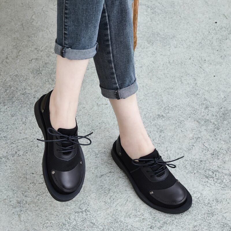 Spring Retro Leather Canvas Patchwork Casual Shoes Jan 2023 New Arrival 35 Black 