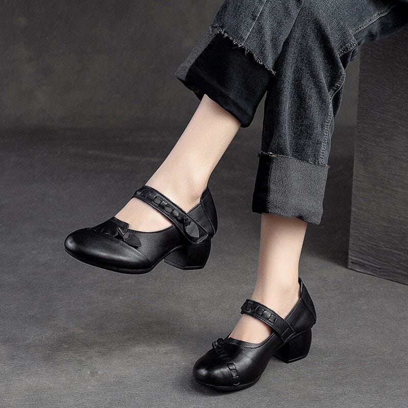 Spring Retro Leather Chunky Heels Casual Shoes