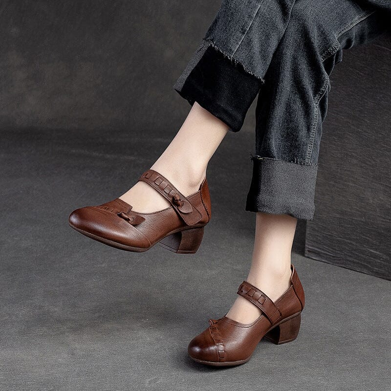 Spring Retro Leather Chunky Heels Casual Shoes
