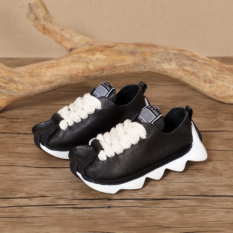 Spring Retro Leather Handmade Lug Sole Casual Shoes May 2023 New Arrival Black 34 