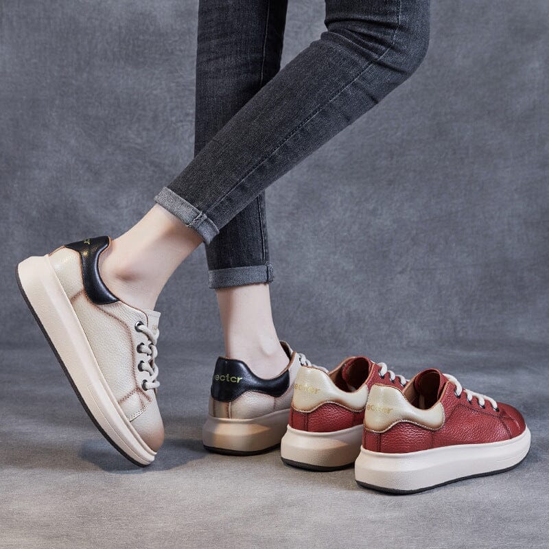 Spring Retro Leather Lace Up Flat Casual Shoes