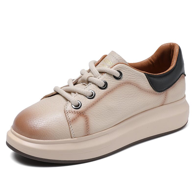 Spring Retro Leather Lace Up Flat Casual Shoes Feb 2023 New Arrival Beige 35 