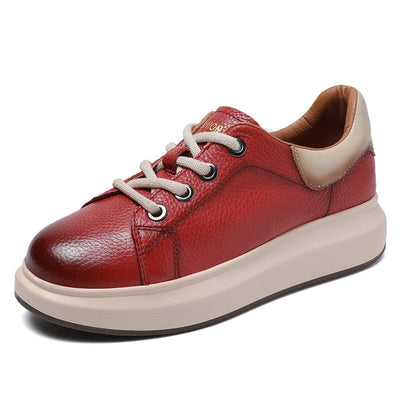 Spring Retro Leather Lace Up Flat Casual Shoes Feb 2023 New Arrival Red 35 
