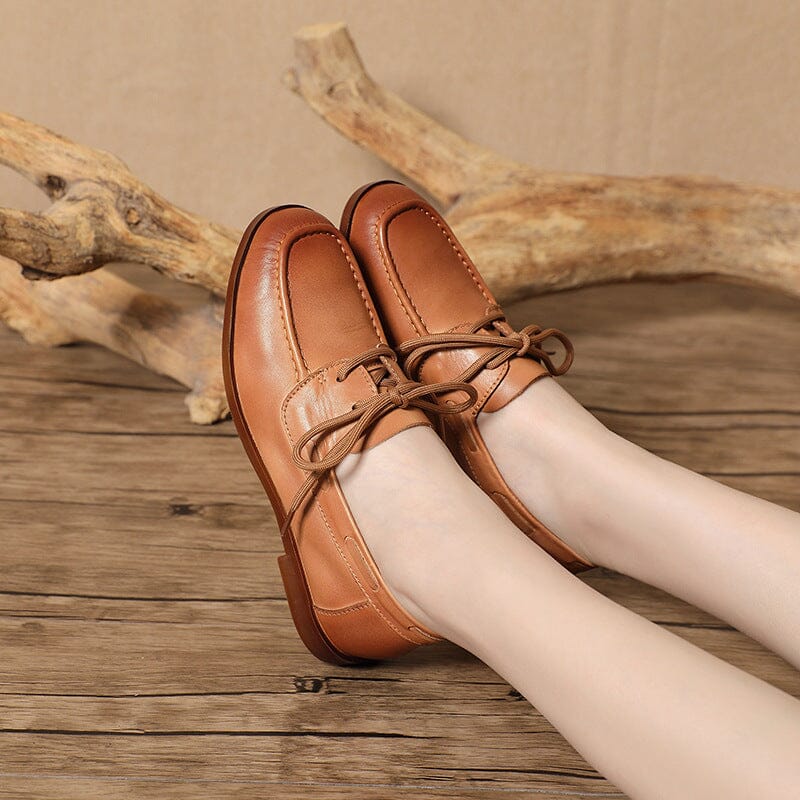 Spring Retro Leather Lace-Up Flat Loafers Mar 2023 New Arrival 