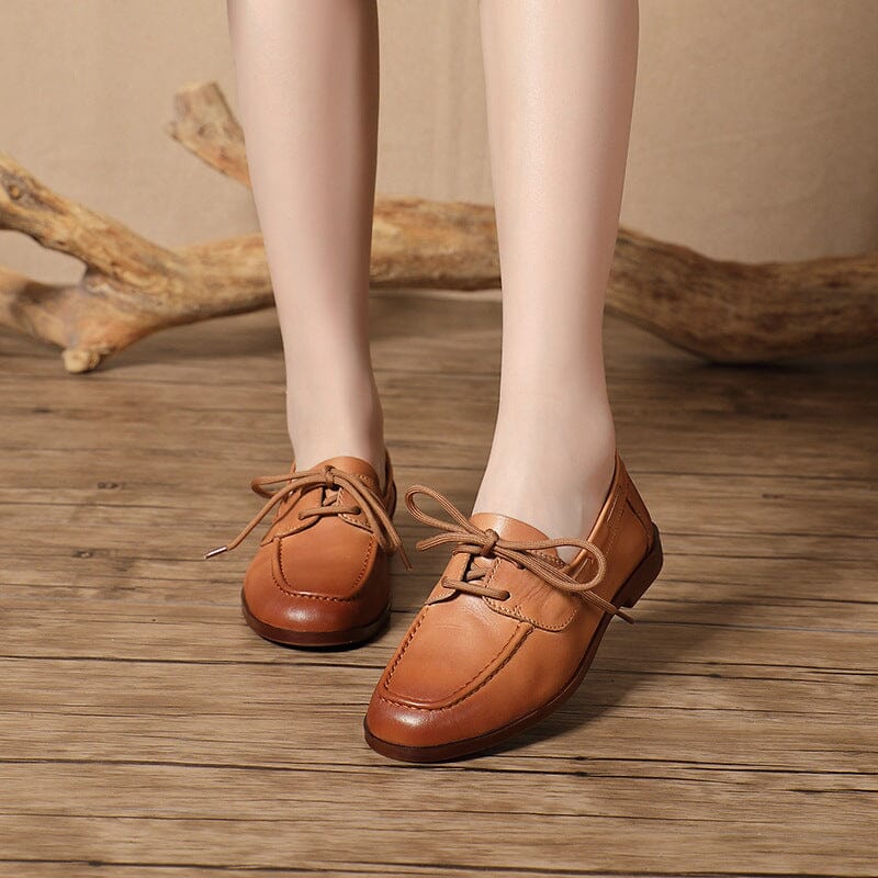 Spring Retro Leather Lace-Up Flat Loafers Mar 2023 New Arrival 