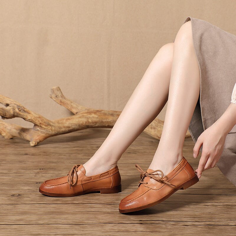 Spring Retro Leather Lace-Up Flat Loafers Mar 2023 New Arrival Camel 35 