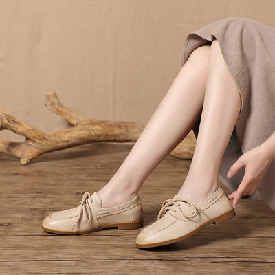 Spring Retro Leather Lace-Up Flat Loafers Mar 2023 New Arrival White 35 