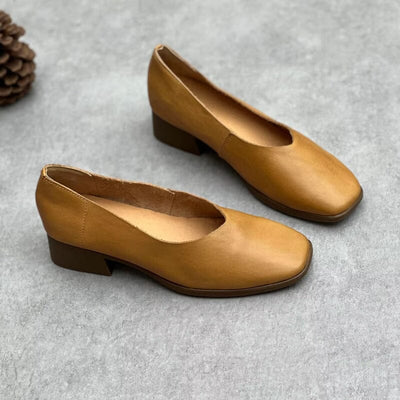 Spring Retro Leather Low Heel Casual Shoes Apr 2023 New Arrival Brown 35 