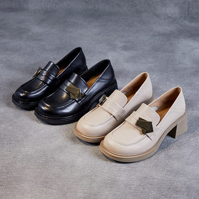 Spring Retro Leather Metal Low Chunky Heel Loafers