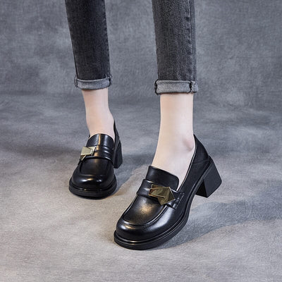 Spring Retro Leather Metal Low Chunky Heel Loafers Jan 2023 New Arrival 