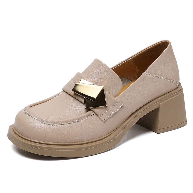 Spring Retro Leather Metal Low Chunky Heel Loafers