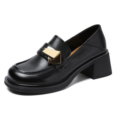 Spring Retro Leather Metal Low Chunky Heel Loafers Jan 2023 New Arrival Black 35 