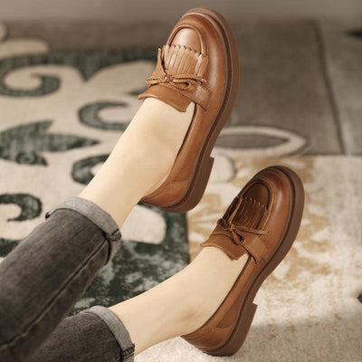 Spring Retro Leather Round Head Casual Shoes Dec 2021 New Arrival 35 Brown 