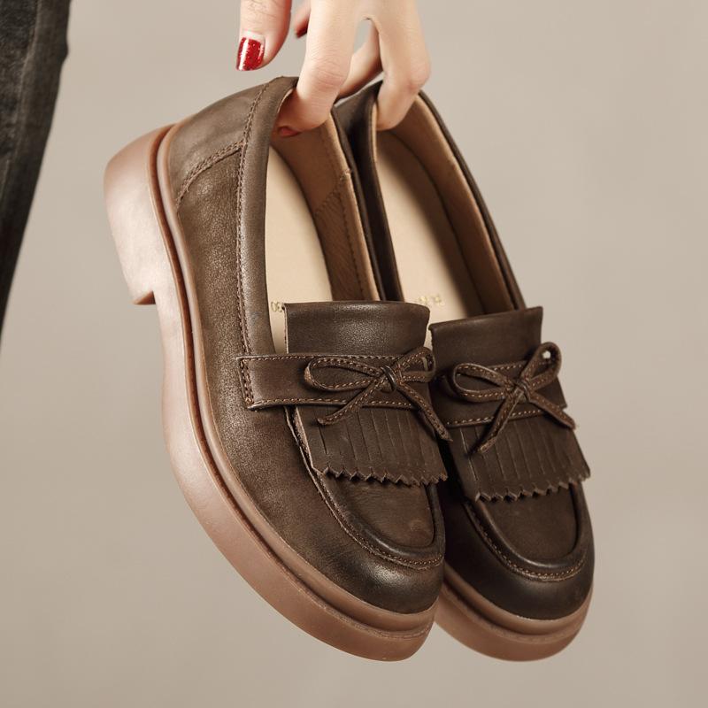 Spring Retro Leather Round Head Casual Shoes