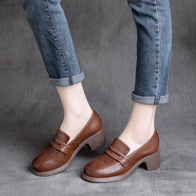 Spring Retro Leather Round Head Casual Shoes Jan 2022 New Arrival 35 Brown 