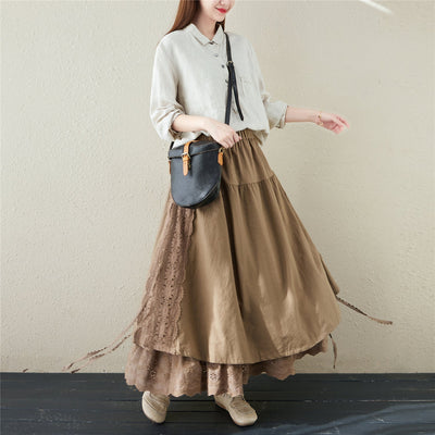 Spring Retro Linen Floral Hollow Embroidery Skirt