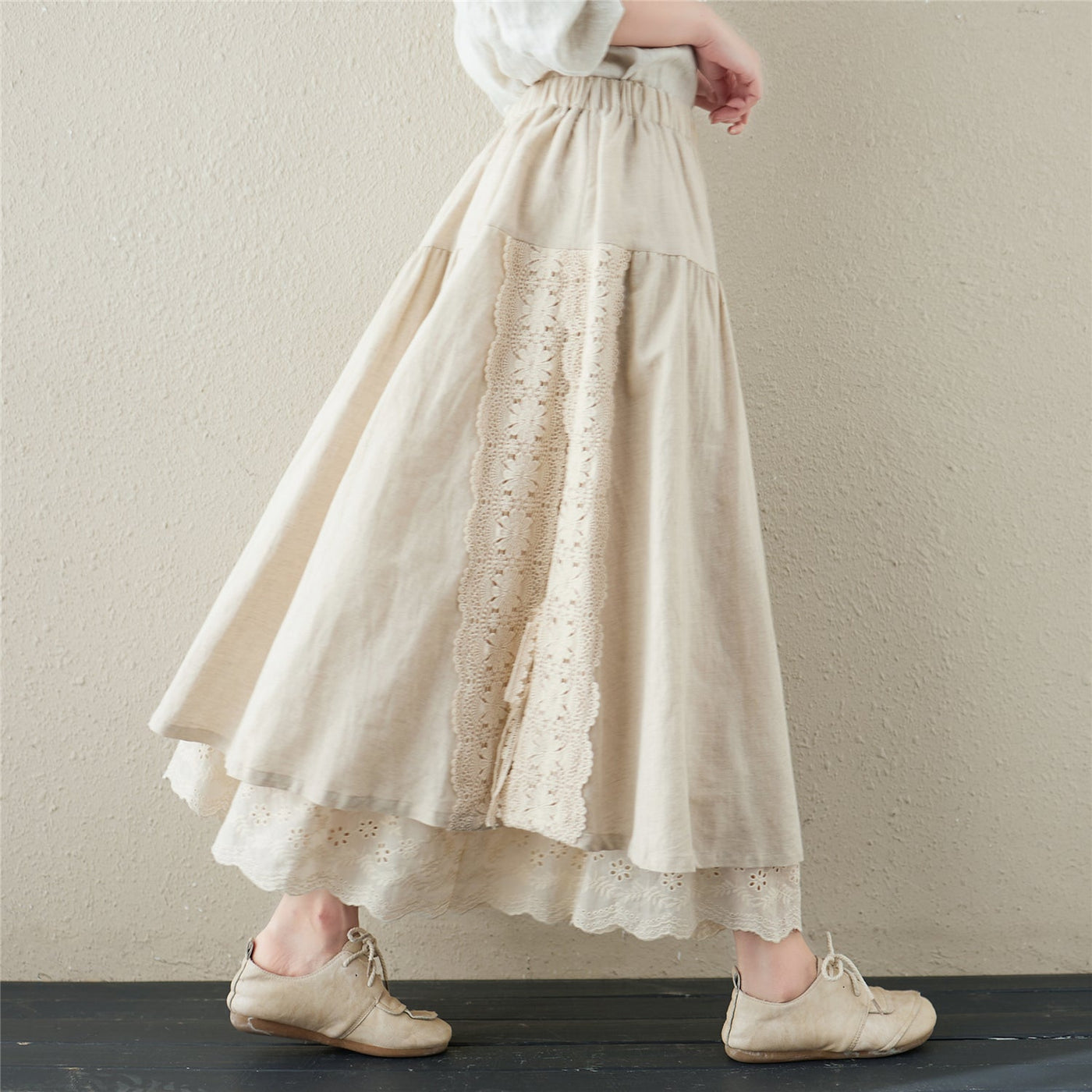 Spring Retro Linen Floral Hollow Embroidery Skirt