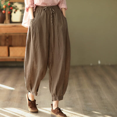 Spring Retro Linen Loose Bloomers Casual Pants Feb 2023 New Arrival Dark Khaki One Size 