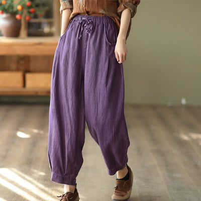 Spring Retro Linen Loose Bloomers Casual Pants Feb 2023 New Arrival Purple One Size 