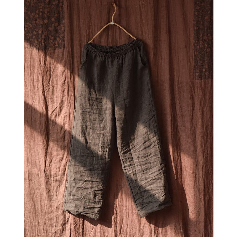 Spring Retro Linen Pleated Casual Wide-Leg Pants Feb 2023 New Arrival Dark Green One Size 