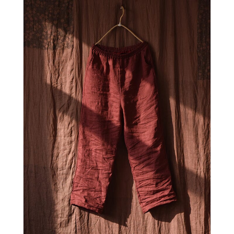 Spring Retro Linen Pleated Casual Wide-Leg Pants Feb 2023 New Arrival Red One Size 
