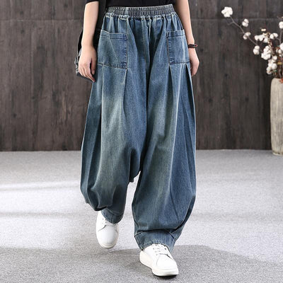 Spring Retro Loose Casual Cotton Wide Leg Pants July 2021 New-Arrival Blue 